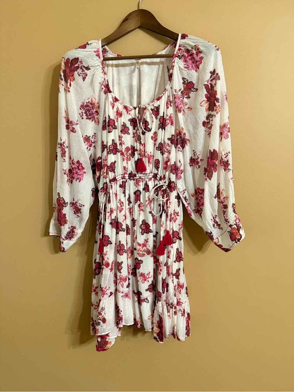 Free People White Mini Dress with Pink Floral Print